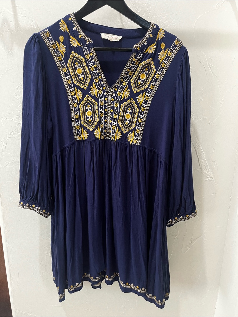 Boho Embroidered Navy & Yellow Long Sleeve Dress